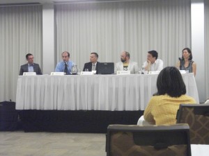 The Iowa City panel included, from left to right, Nick Benson, moderator, Geoff Fruin, David Hensley, Eric Hanson of the Iowa City Area Development Group, Andy Stoll, and Nancy Bird of the Iowa City Downtown District.